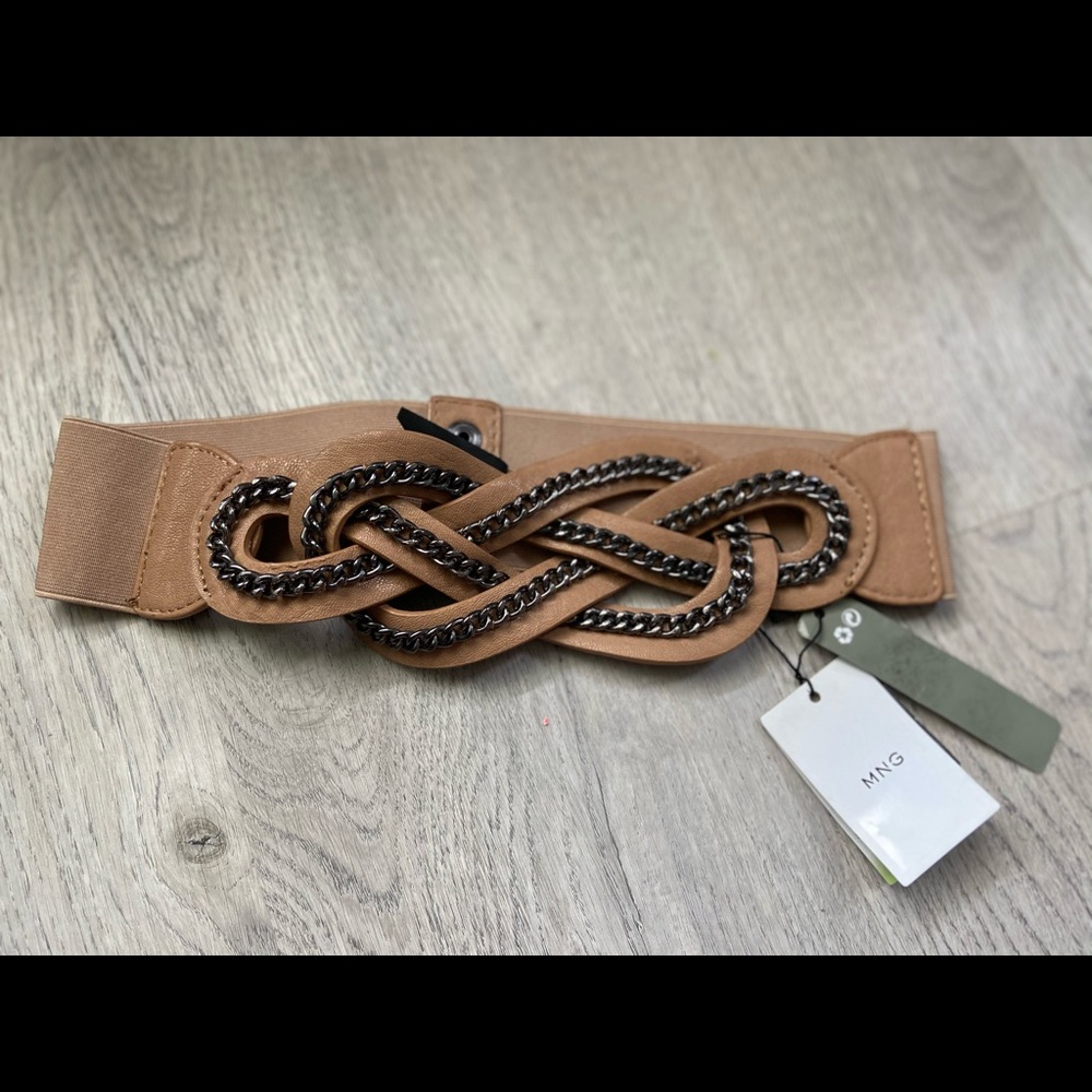 MNG Tan Belt With Metal Braid, Size Small